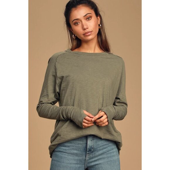 WE THE FREE Arden Tee Sz XS Sage Green Raglan Sleeve Oversized Slub Knit Cotton - Picture 9 of 12